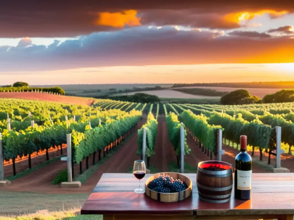 Una botella de Tannat al atardecer en una de las mejores bodegas para visitar en Uruguay, con trabajadores recolectando uvas y colinas al fondo