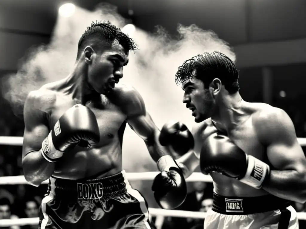 Boxeadores entregados en una intensa pelea, capturando la historia y leyendas del boxeo uruguayo, bajo la mirada emocionada del público