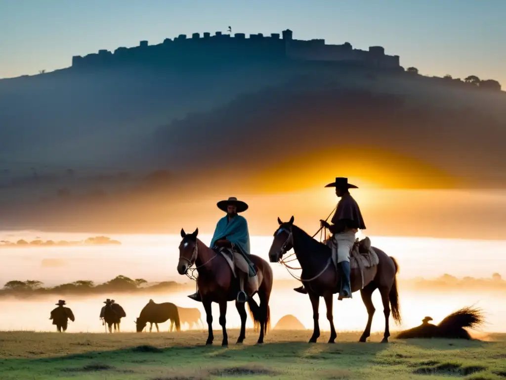 Amanecer brumoso en las llanuras de Uruguay con un gaucho a caballo, evocando las leyendas uruguayas mitos y tradiciones