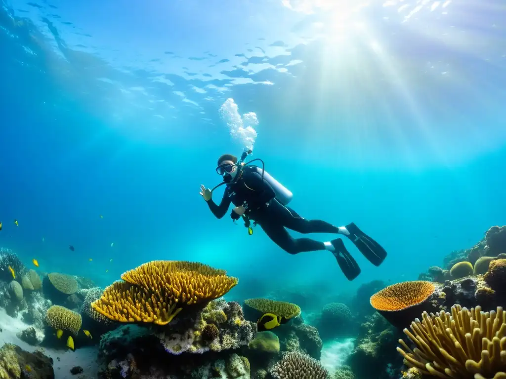 Un buceador explora la deslumbrante fauna marina uruguaya para snorkel, rodeado de corales coloridos, tortugas y delfines juguetones