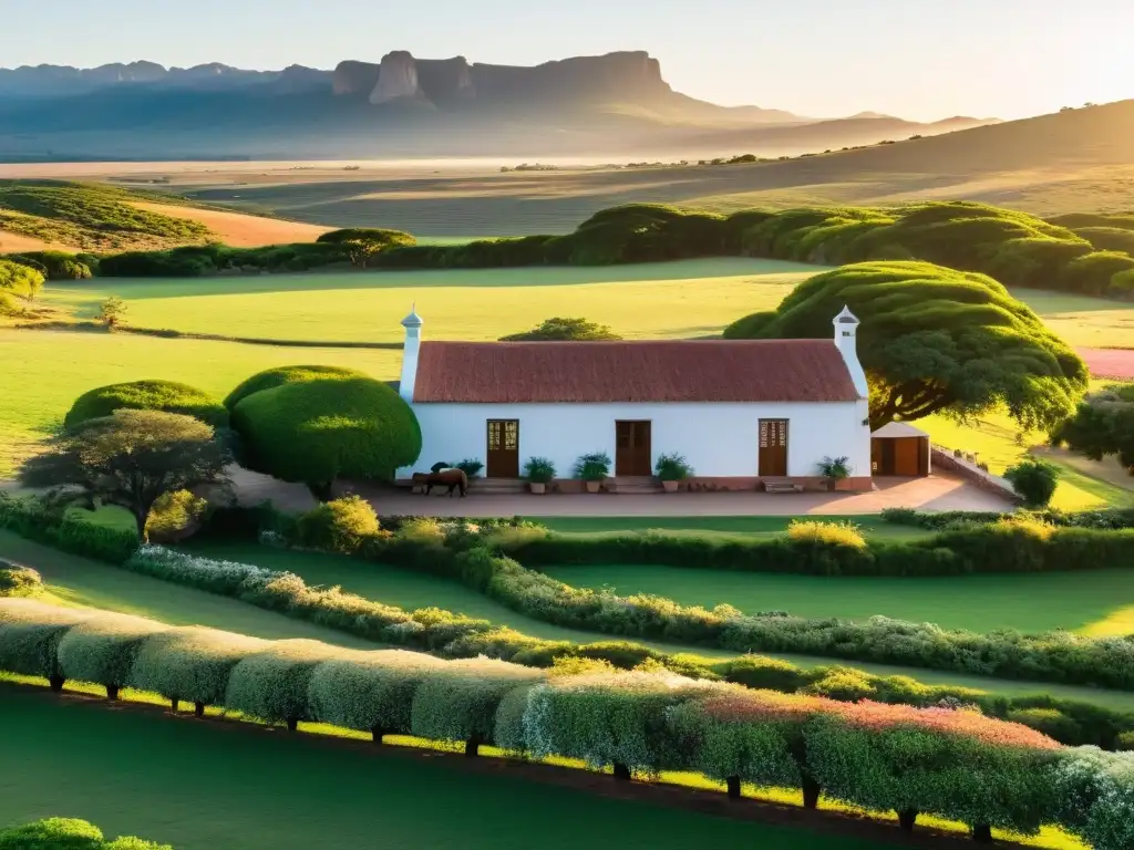 Bucólica imagen del turismo de estancias en Uruguay: ganado y gauchos en prados dorados, casa colonial y un atardecer vibrante