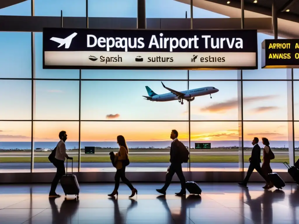 Bullicio en aeropuertos de Uruguay, pasajeros planifican viaje con telón de fondo del Aeropuerto Internacional de Carrasco al atardecer