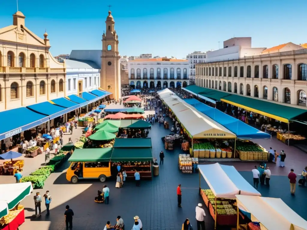 Bullicio en el Mercado del Puerto, Montevideo, donde las atracciones económicas de Uruguay brillan bajo el sol en una vibrante imagen 8k