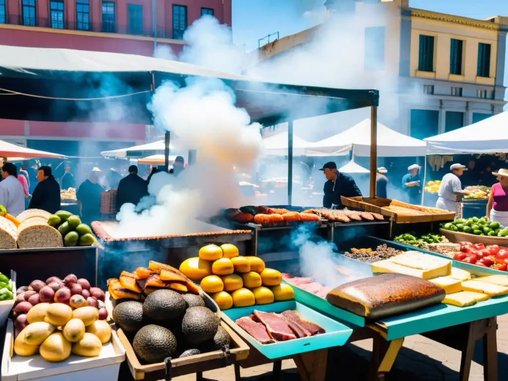 Un bullicioso mercado en Montevideo, Uruguay, vibra con la gastronomía diversa uruguaya y regiones culinarias, desde asado hasta chivito