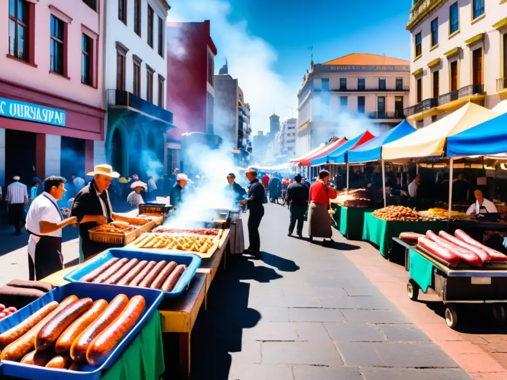 Bullicioso mercado de Montevideo bajo el sol, reflejo vibrante de la cultura y tradiciones de Uruguay, con vendedores, música y choripan