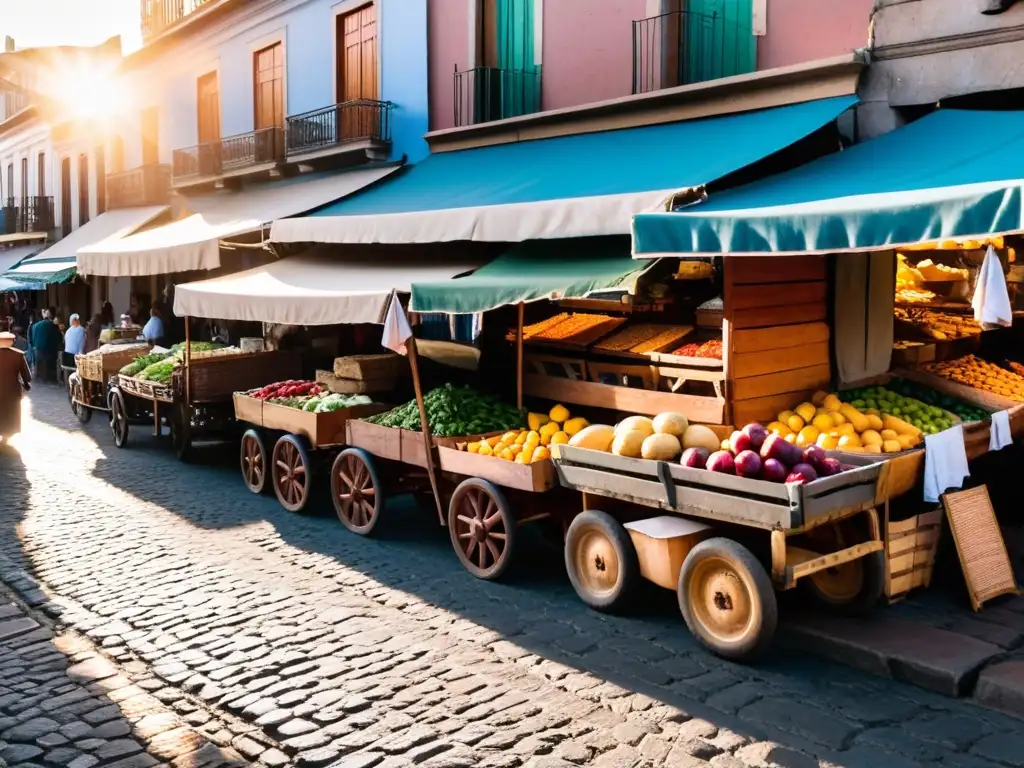 Amanecer en un bullicioso mercado uruguayo, con costumbres culinarias Uruguay tradicionales y coloridos puestos de comida bajo el sol naciente