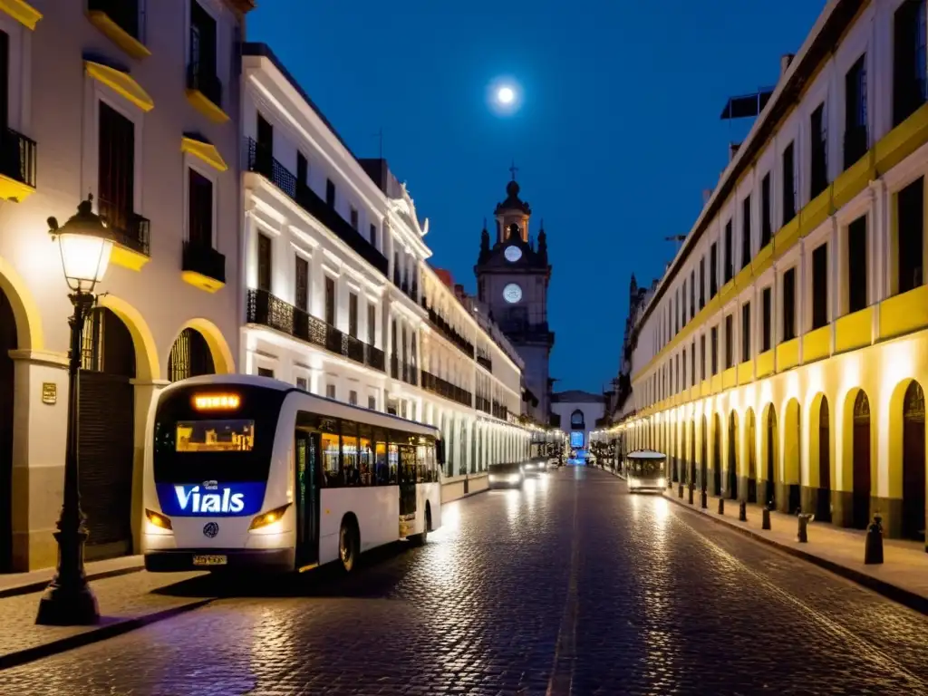 Bus ecológico en una calle iluminada por la luna en Montevideo, Uruguay, brindando seguridad al viajar de noche por las ciudades históricas