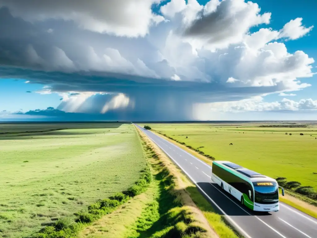 Bus moderno de transporte de larga distancia en Uruguay recorriendo una carretera entre verdes pasturas bajo un cielo dramático