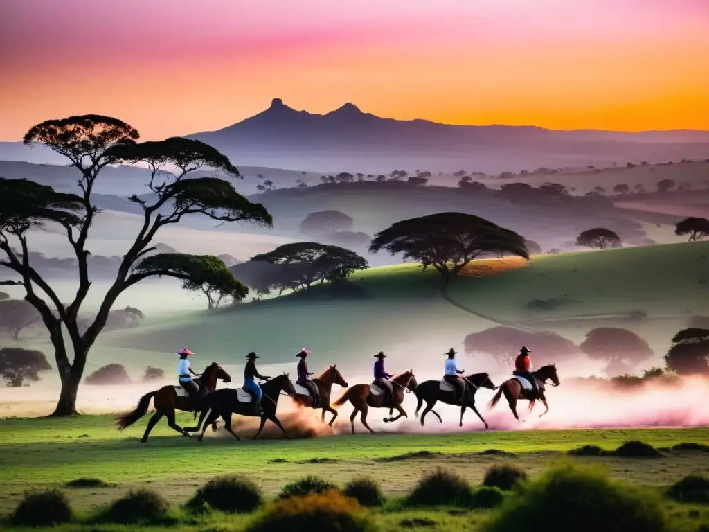 Cabalgatas extremas en la campiña uruguaya al atardecer, con gauchos galopando entre colinas verdes y un cielo vibrante