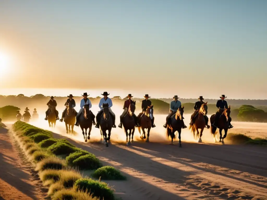 Cabalgatas extremas campiña uruguaya, gauchos en robustos Criollos a la luz dorada, entre colinas y un cielo teñido de rosado