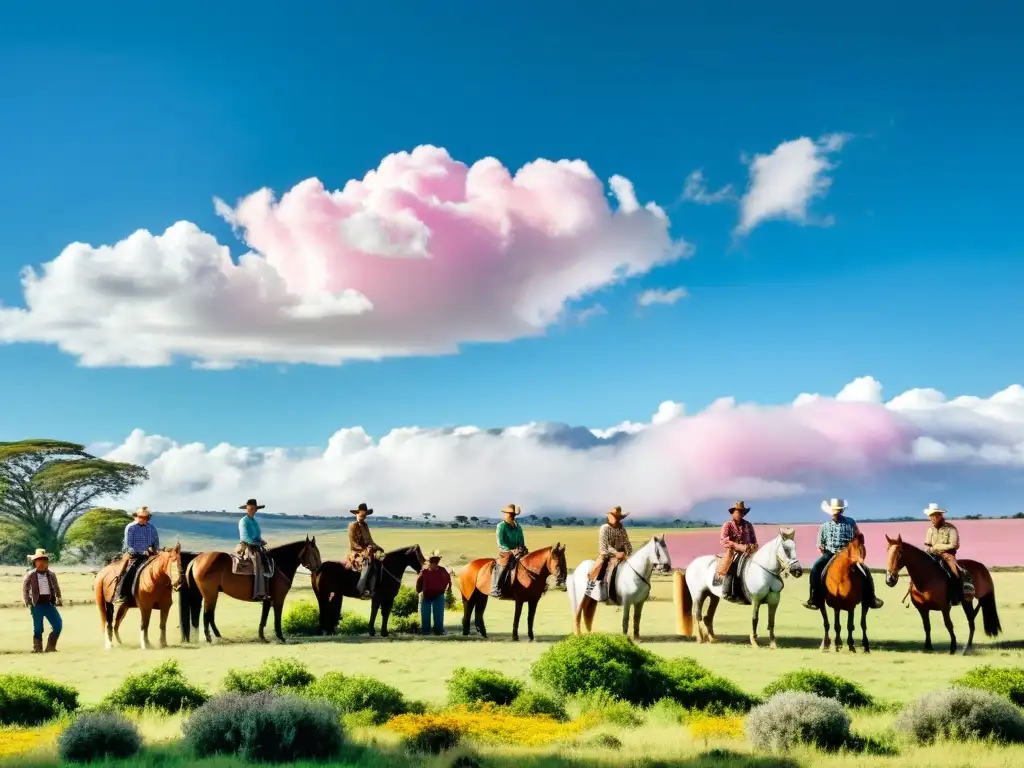 Cabalgatas extremas en la campiña uruguaya: jinetes preparando caballos bajo un cielo azul y campos verdes y dorados