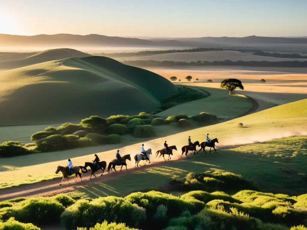 Cabalgatas extremas campiña uruguaya: jinetes al atardecer, surcando campos verdes y montañas púrpura bajo un cielo de ensueño