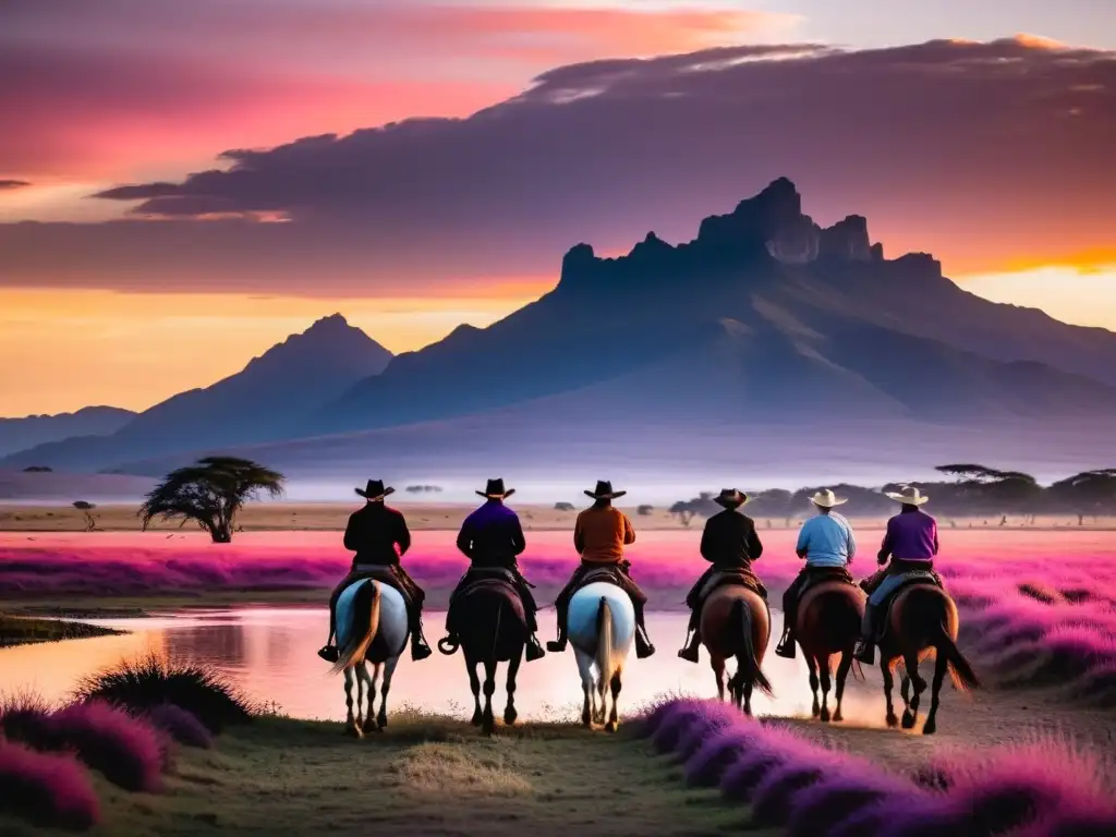 Cabalgatas en la pampa uruguaya al atardecer, con gauchos en trajes típicos montando caballos fuertes y espirituosos bajo un cielo encendido