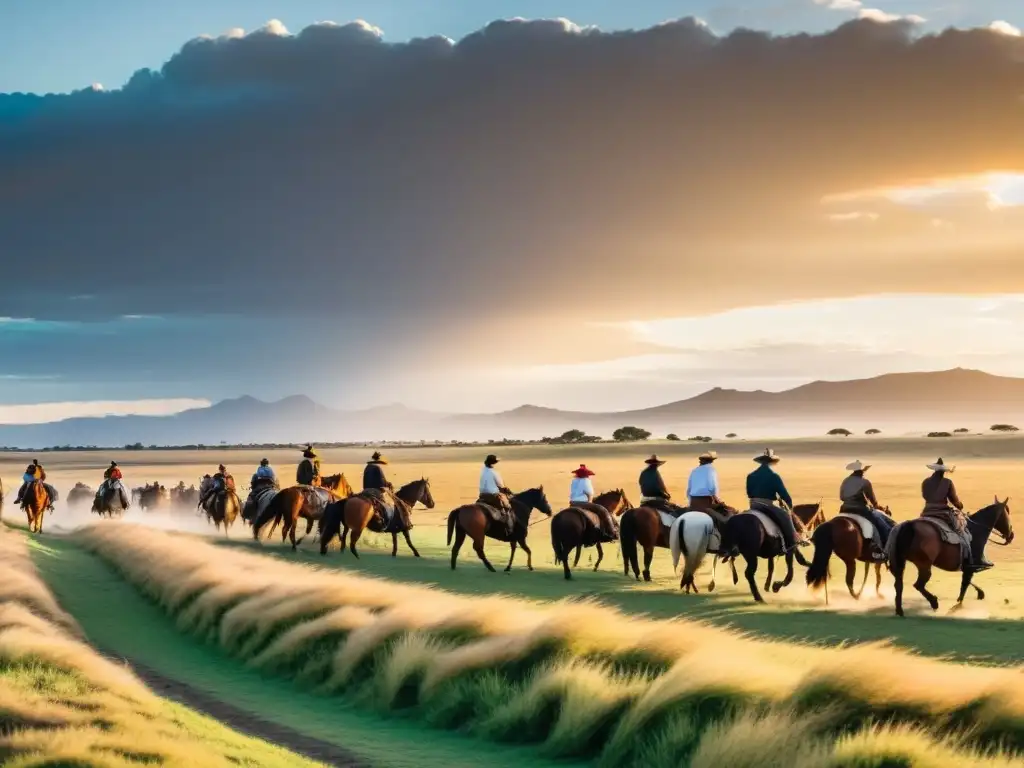 Cabalgatas en la pampa uruguaya al atardecer, gauchos con su indumentaria tradicional, montando valientes caballos Criollos entre vastas praderas