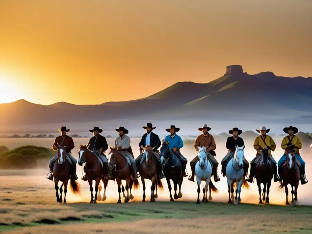 Cabalgatas en la pampa uruguaya con gauchos y caballos criollos al atardecer, creando siluetas bajo un cielo dorado