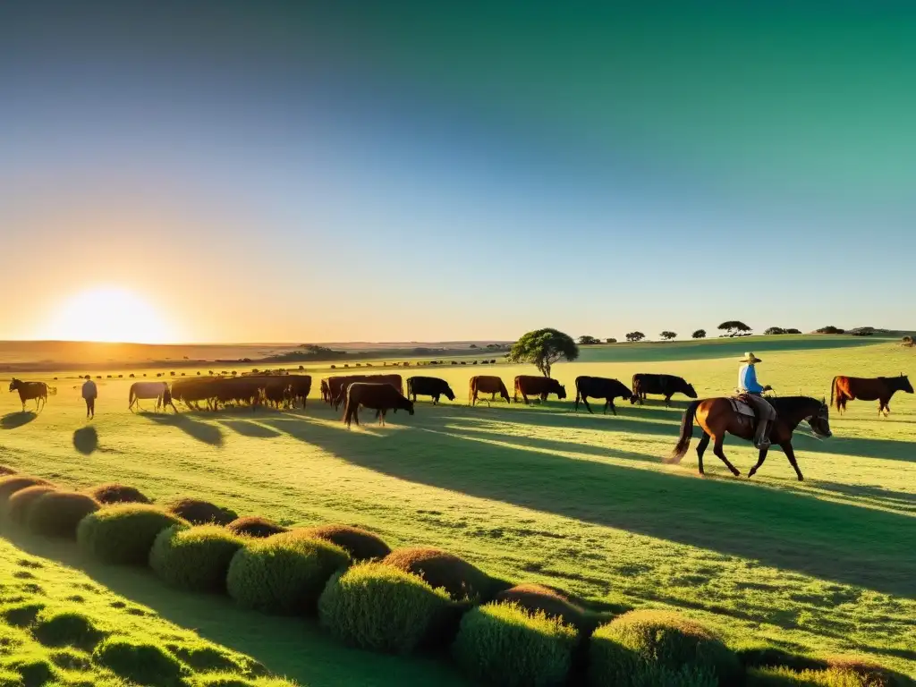 Gauchesco en su caballo redondeando ganado al atardecer, símbolo del turismo rural en Uruguay estancias