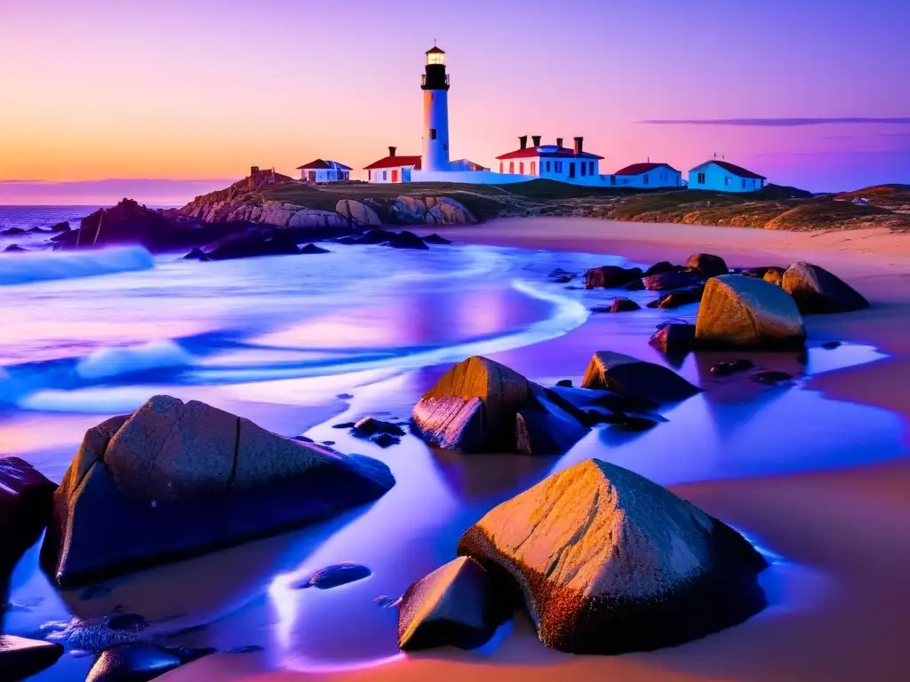 Guía para explorar Cabo Polonio: faro dominante en un atardecer vibrante, focas holgazaneando y casas rústicas iluminadas