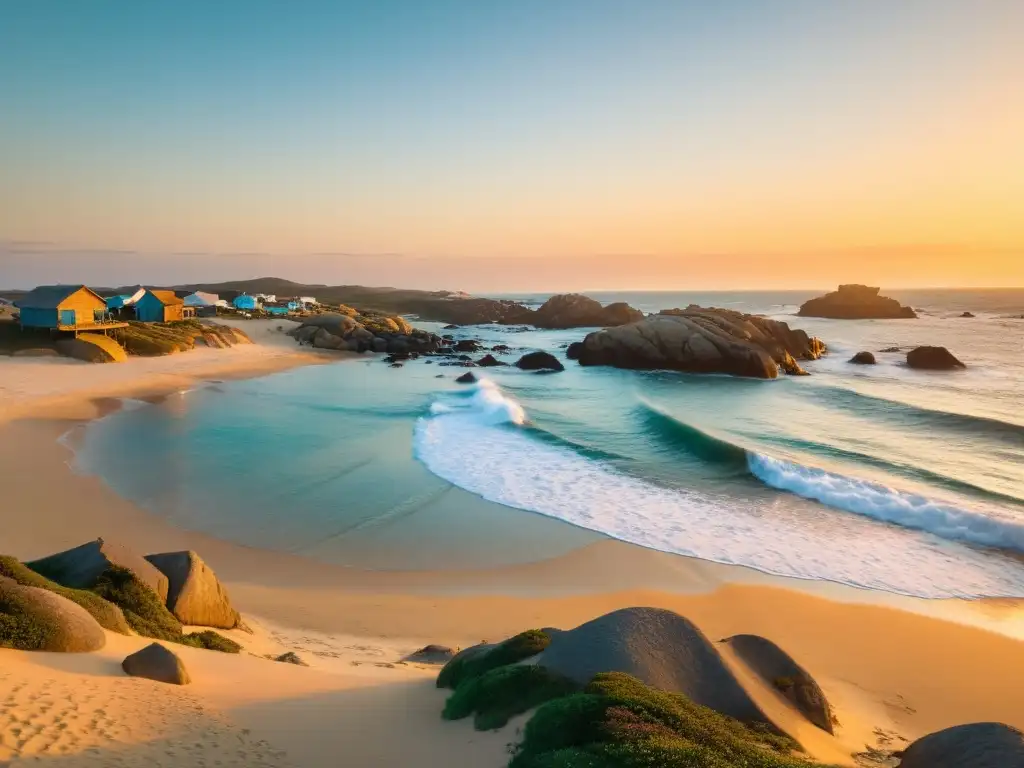 Guía para explorar Cabo Polonio: panorámica de playas doradas al atardecer, cabañas coloridas, un faro icónico y caballos salvajes