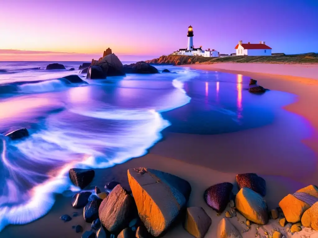 Guía para explorar Cabo Polonio: vista panorámica al anochecer, con su faro señalando el océano Atlántico y casas rústicas