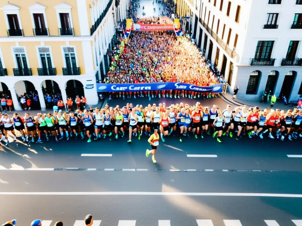 Calendario eventos deportivos Uruguay: multitud de atletas recorriendo las calles de Montevideo durante el vibrante maratón San Felipe y Santiago