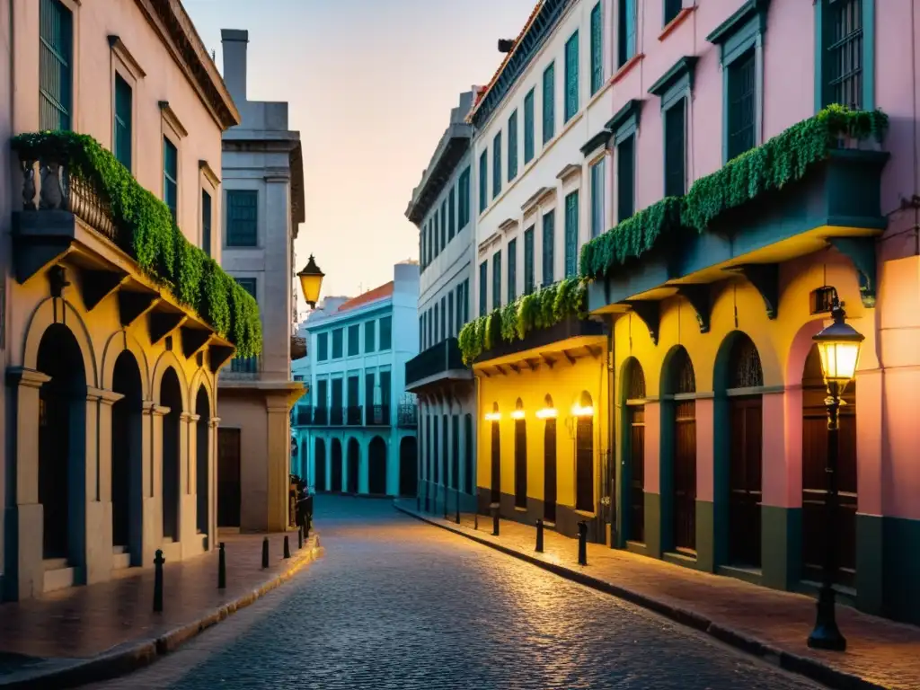 Calle adoquinada antigua en Montevideo, Uruguay, bajo un cielo crepuscular