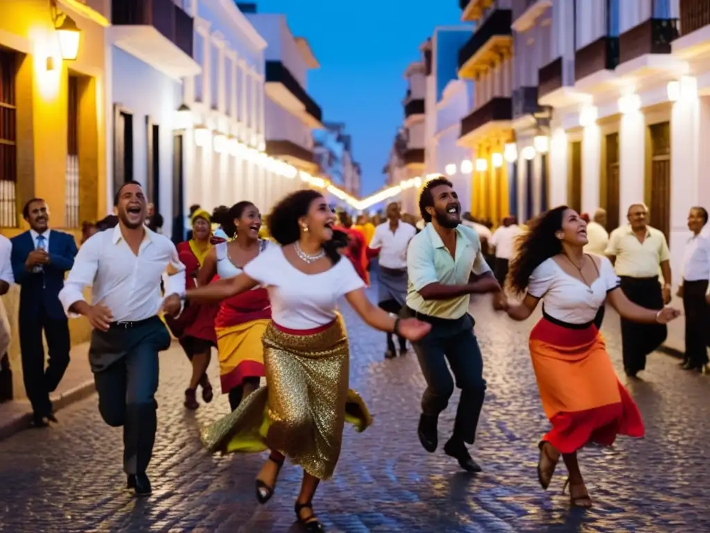 Calle bulliciosa de Montevideo al anochecer, animada por el vibrante Candombe: Música y Danza AfroUruguaya en pleno movimiento