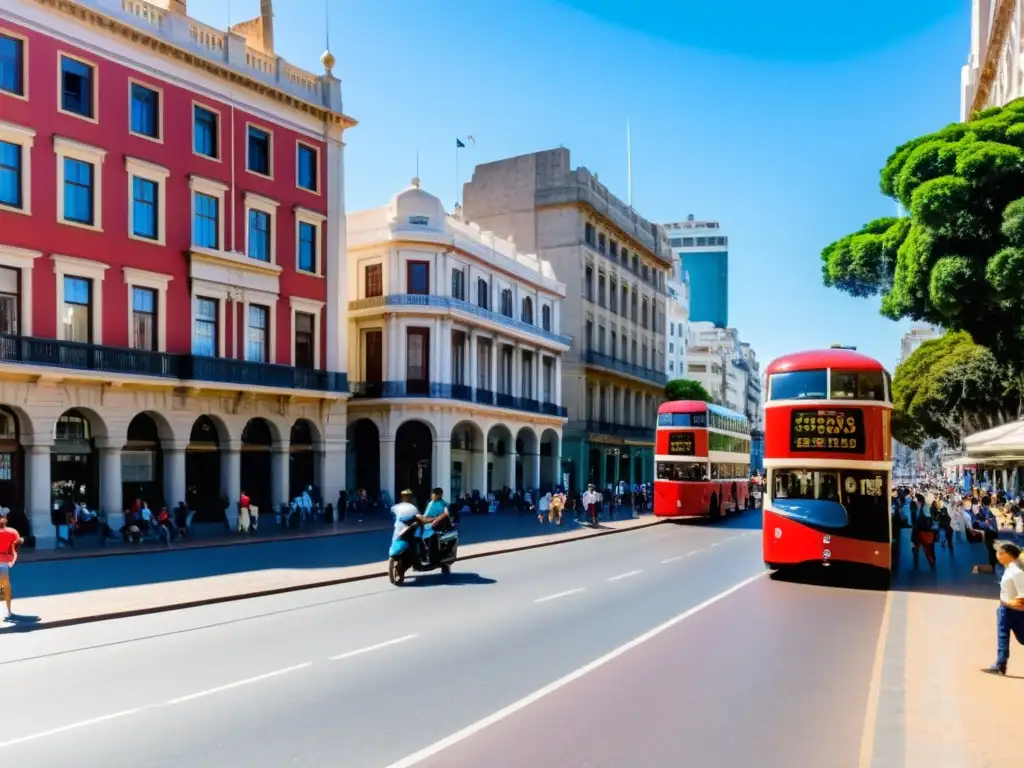 Calle bulliciosa en Montevideo, Uruguay, muestra influencia cultura británica en arquitectura, bus rojo y cricket