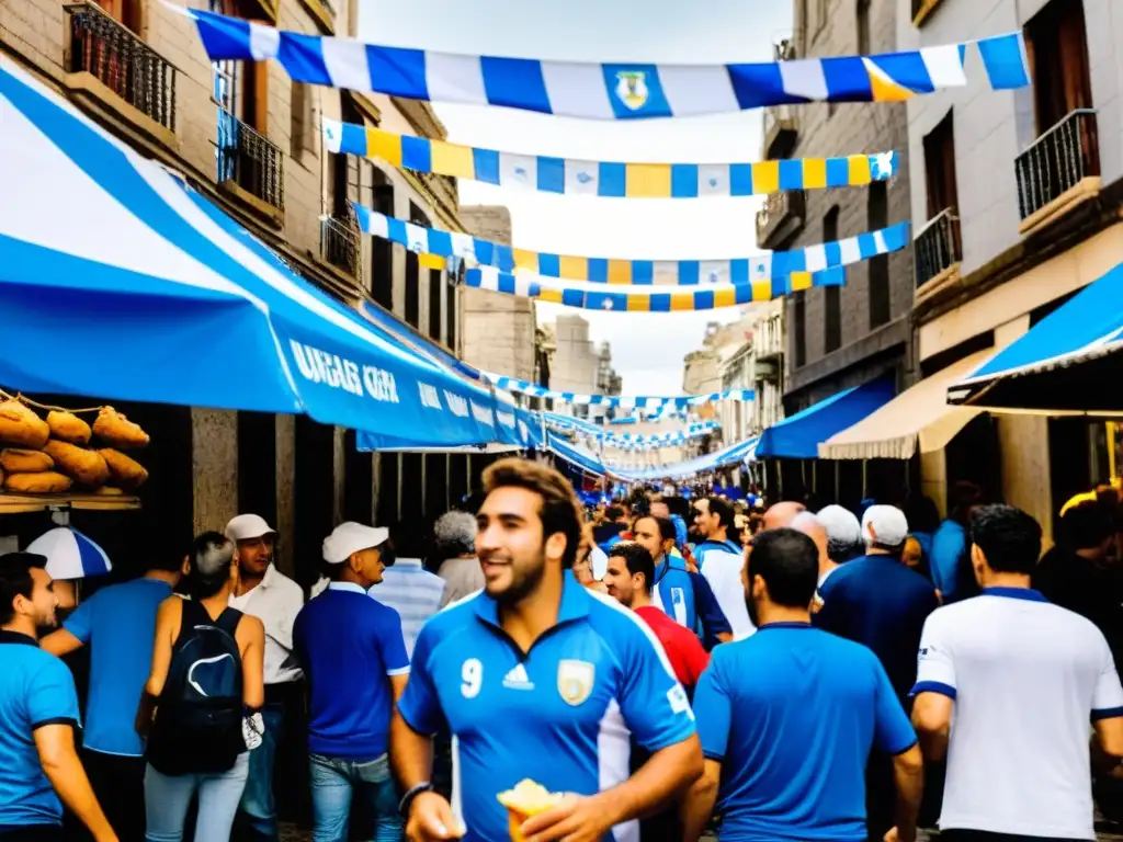 Calle bulliciosa de Montevideo, Uruguay, llena de apasionados hinchas del fútbol uruguayo