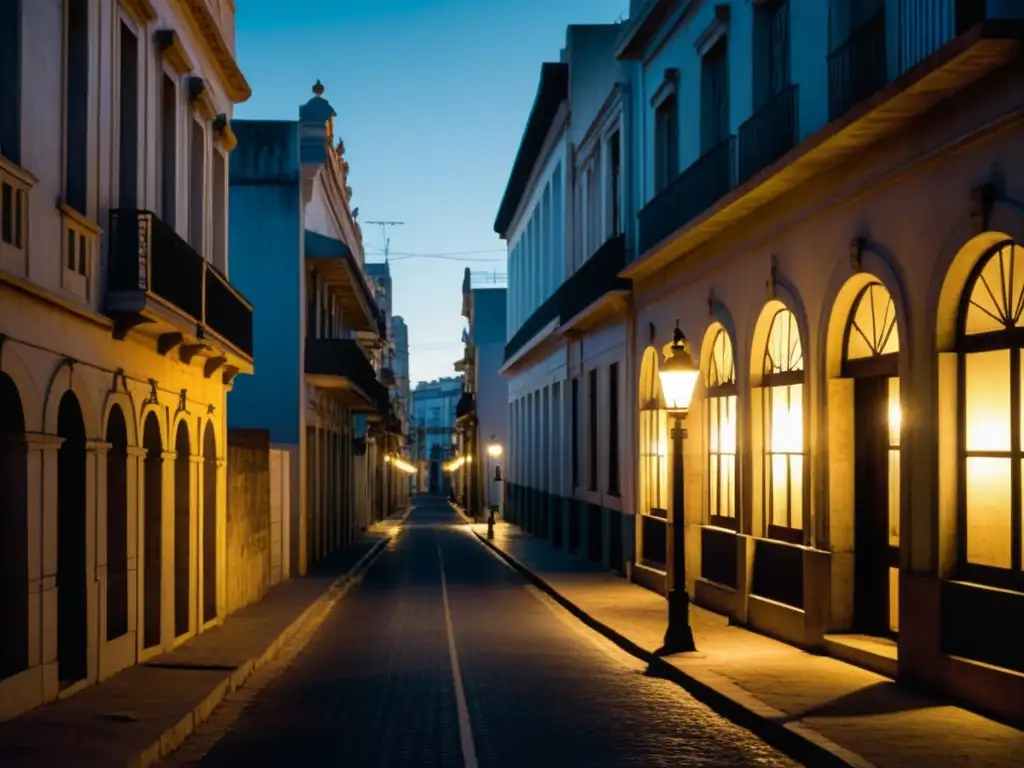 Calle desolada en Montevideo durante la dictadura cívicomilitar uruguaya, historia palpable en su arquitectura colonial y sombras amenazantes