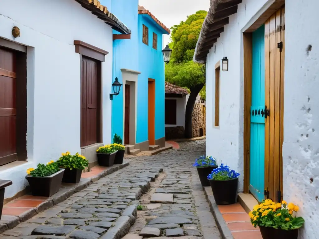 Calle empedrada serpenteante de la Colonia del Sacramento ciudad antigua, Uruguay, con flores silvestres y cafés locales