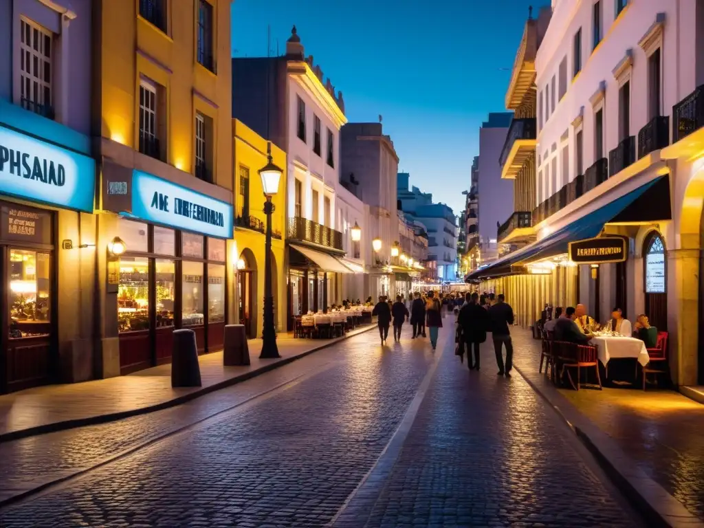 Una calle vibrante en Montevideo, Uruguay, iluminada por faroles, llena de risas y consejos de fotografía de vida nocturna Uruguay