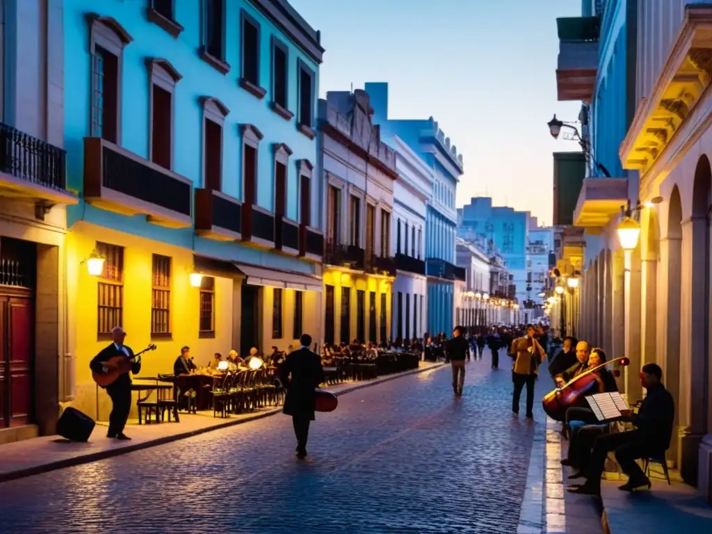 Calle vibrante en Montevideo al anochecer, con músicos locales interpretando influencias musicales en la música popular uruguaya