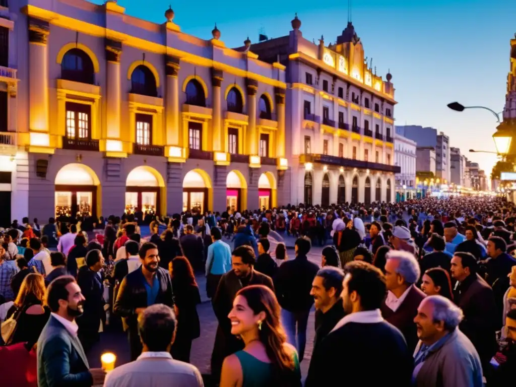 Calles de Montevideo al anochecer, con teatro Solís de fondo y entusiastas de festivales de cine uruguayos reconocimiento internacional