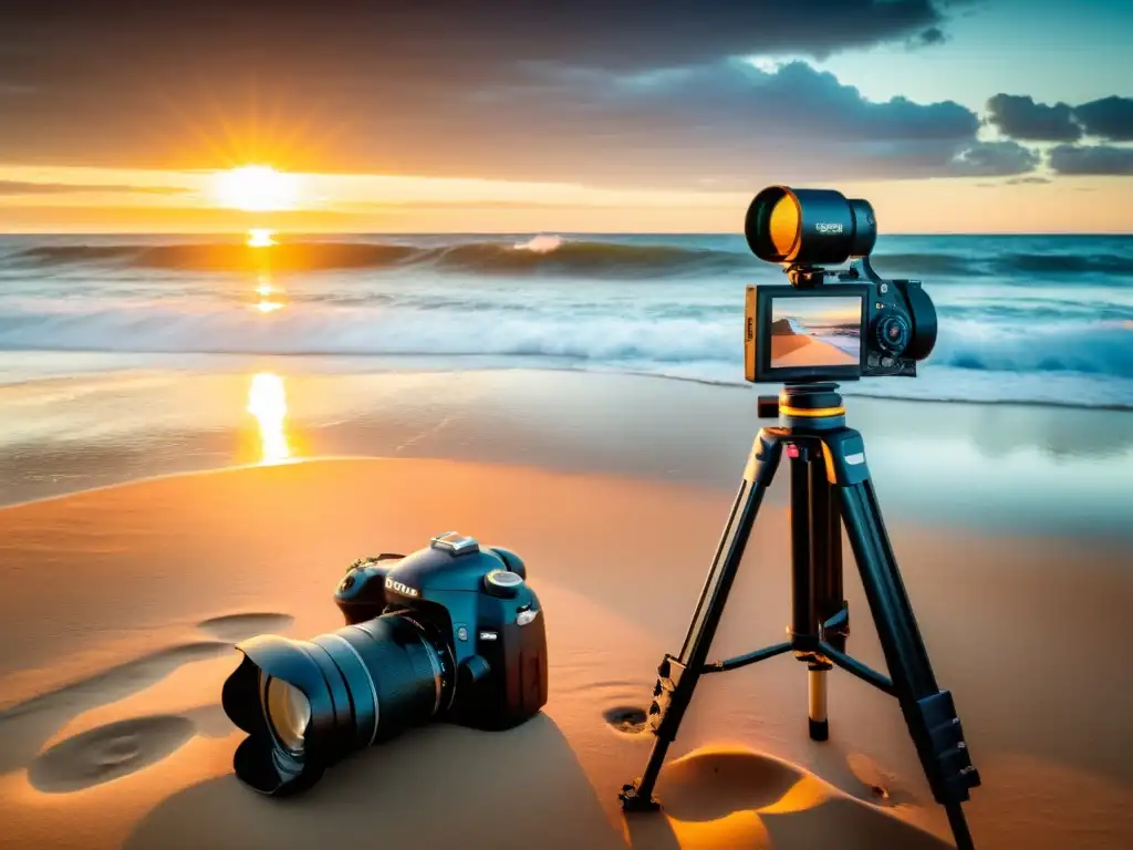 Cámara profesional preparada para capturar la belleza de las playas de Uruguay, bajo un amanecer dorado y sereno