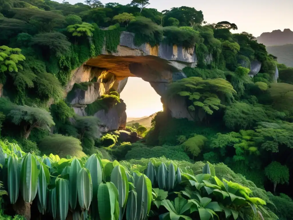 Camino serpenteante hacia la mística Gruta del Padre Pío en Uruguay, envuelta en un ocaso dorado y selva exuberante