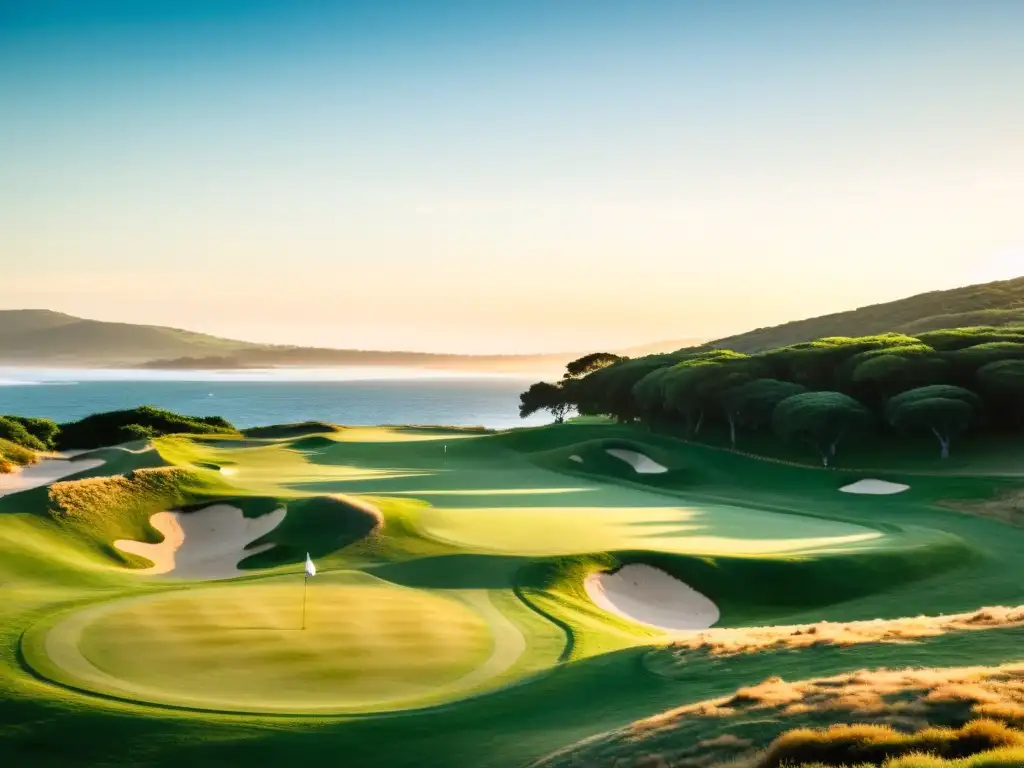 Campos de golf desafiantes en Uruguay, bañados por una puesta de sol dorada entre colinas verdes y bosques densos