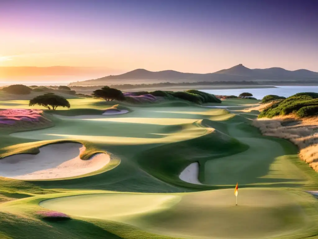 Amanecer en campos de golf desafiantes en Uruguay, con un golfista solitario, cielo en tonos vibrantes y paisajes uruguayos al fondo