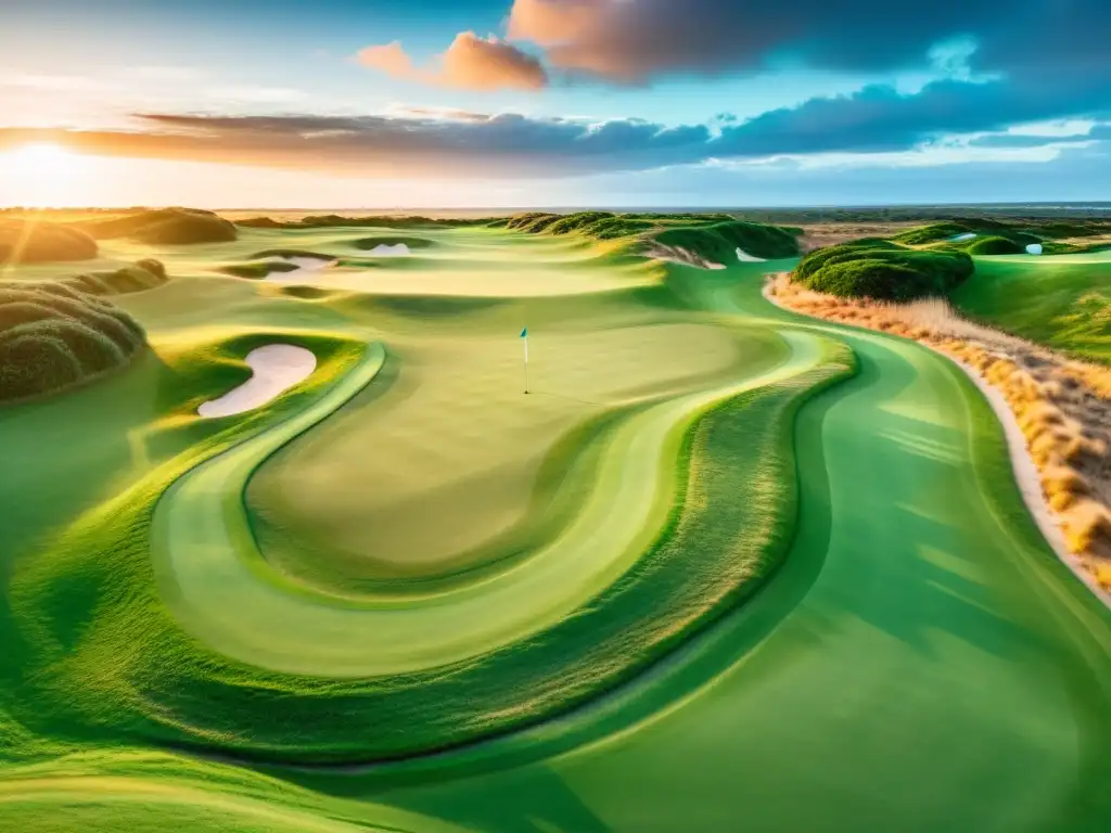 Campos de golf desafiantes en Uruguay en 8K, con un golfista en acción, trampas de arena y un amanecer dorado