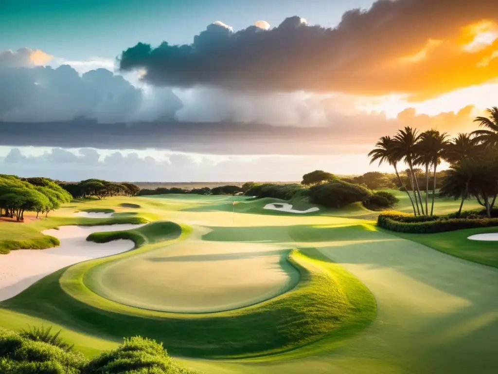 Campos de golf de lujo en Uruguay al atardecer, bañados en tonos dorados, mostrando su exclusividad y tranquilidad