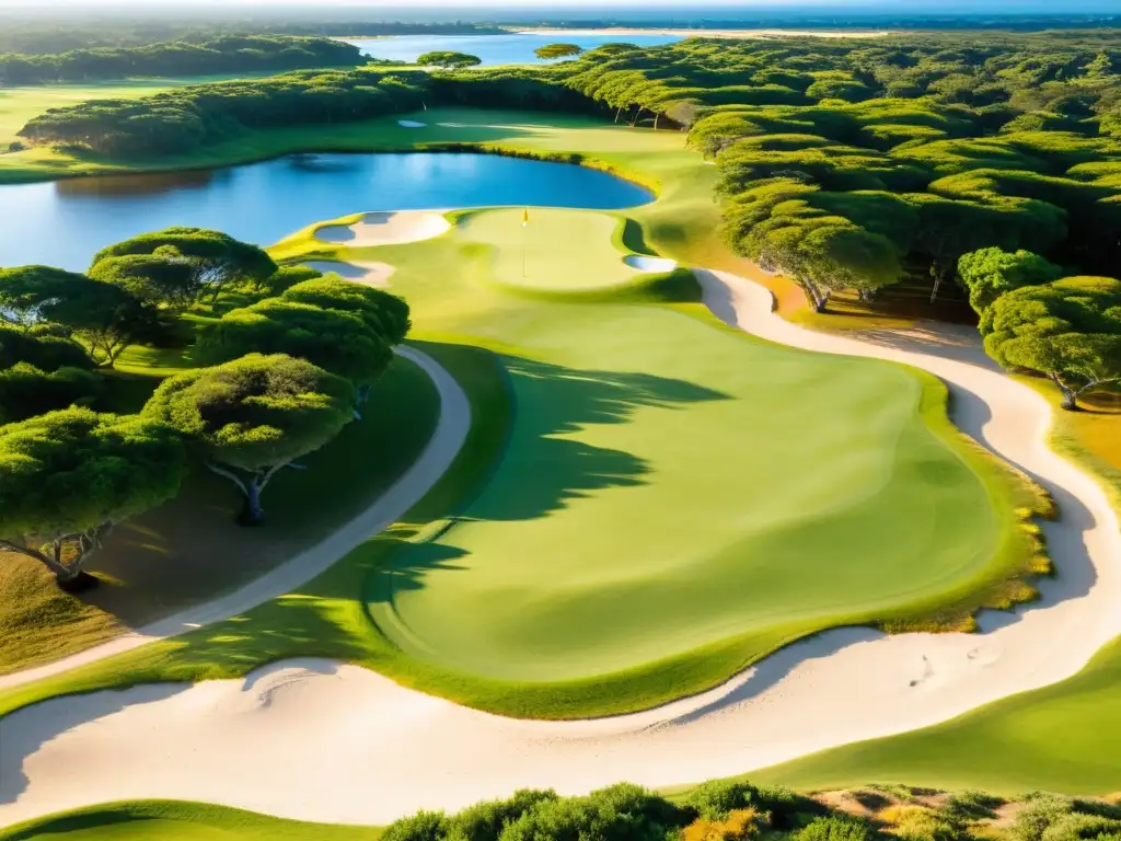 Campos de golf de lujo en Uruguay, bañados por el sol dorado del atardecer, con golfistas disfrutando el juego rodeados de belleza salvaje y elegante