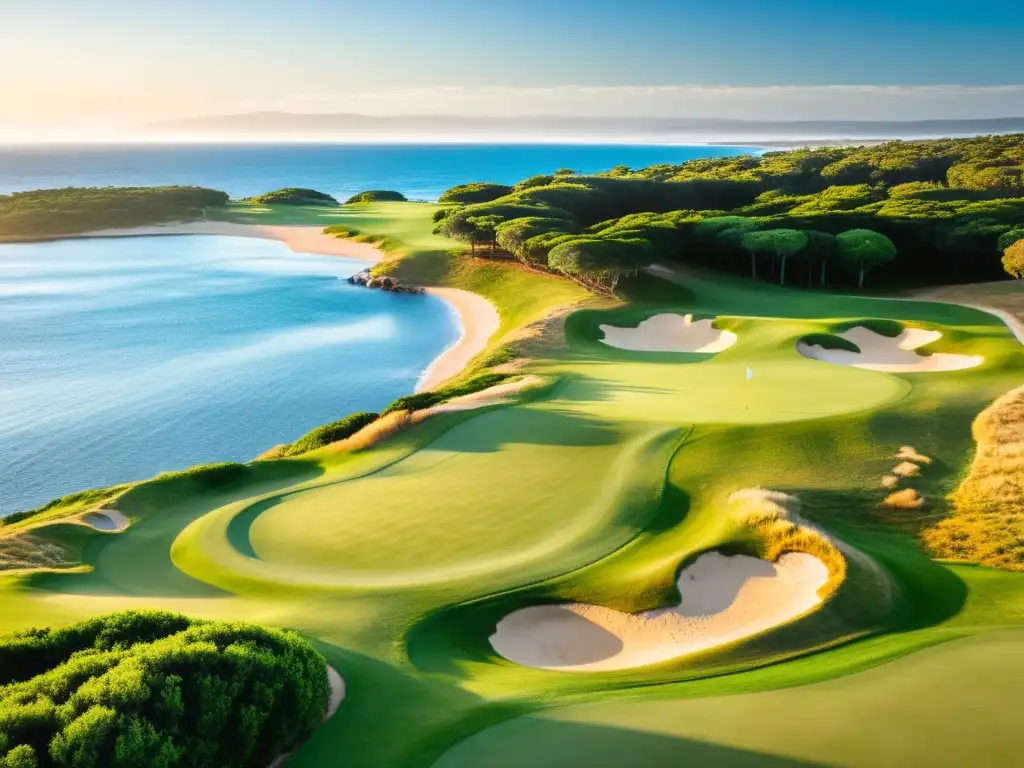 Campos de golf de lujo en Uruguay, bajo un cielo dorado al atardecer, con siluetas de golfistas y un elegante carrito en primer plano