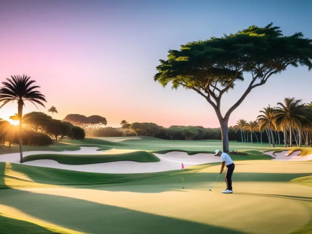 Campos de golf de lujo en Uruguay deslumbran al amanecer, mientras un golfista se prepara para su swing entre palmeras y vistas al mar