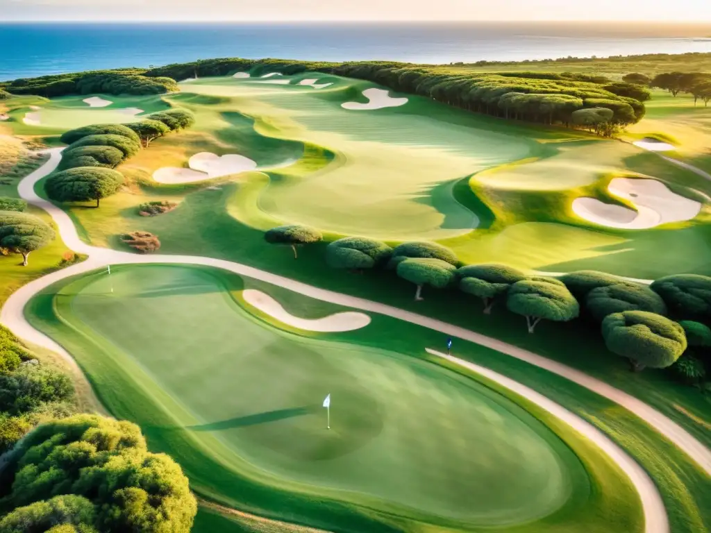 Campos de golf de lujo en Uruguay, con un grandioso club bajo el atardecer dorado y el Océano Atlántico como telón de fondo