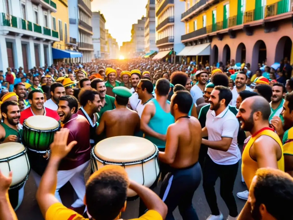 Candombe AfroUruguayo legado cultural, un vibrante carnaval en Montevideo, con tambores y danzas al atardecer