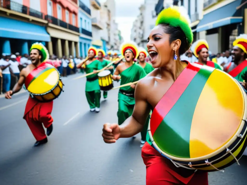 Candombe AfroUruguayo legado cultural: vibrantes danzantes y tambores en las calles de Montevideo, capturando la emoción y la historia