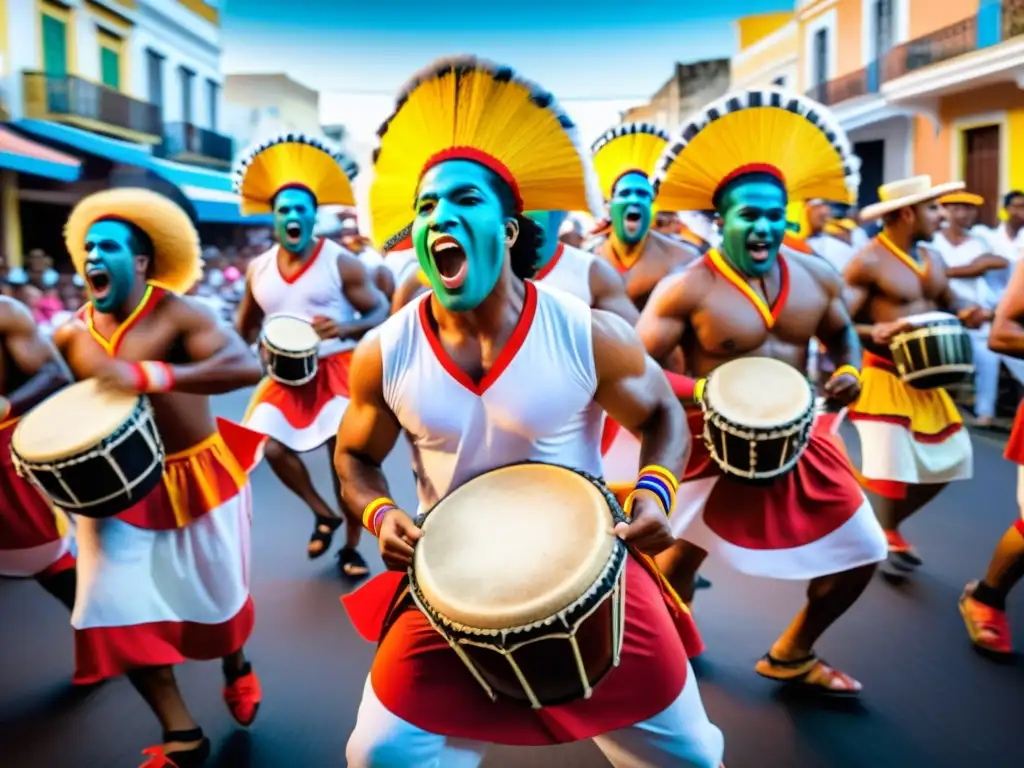 Candombe drummers en el Carnaval de Uruguay, tradición, color y música vibrante bajo un cielo azul intenso