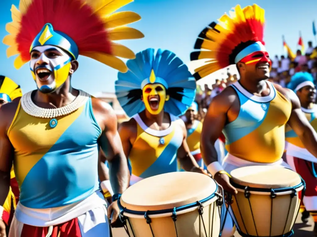 Candombe drummers en el Carnaval Uruguay: festividad colorida y alegre, bajo un cielo estrellado, rodeados de danzantes y espectadores emocionados