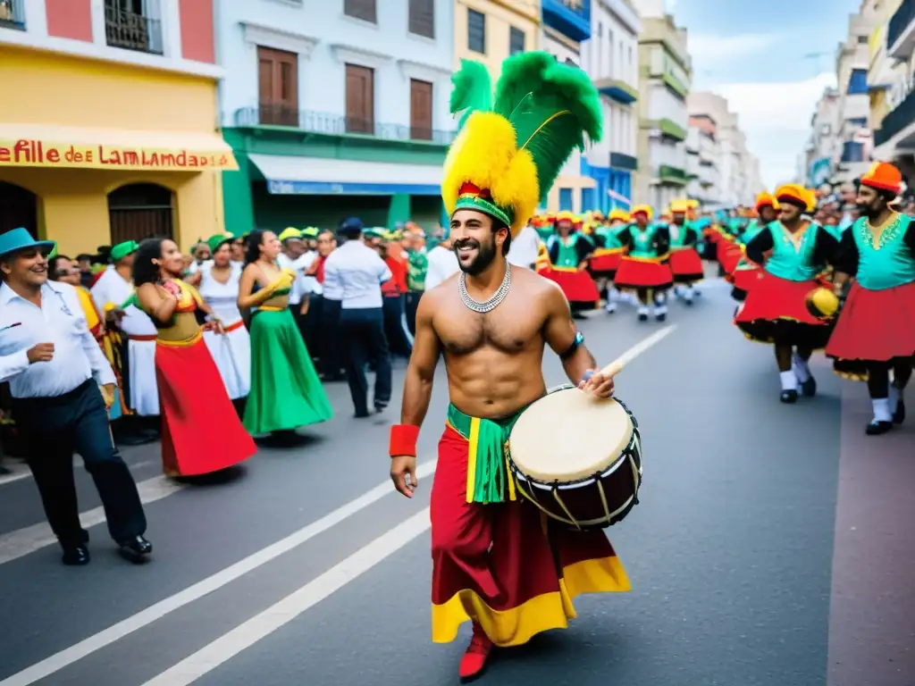 Candombero inmerso en las tradiciones festivas de Uruguay, bailando en el vibrante Desfile de Llamadas bajo las estrellas de Montevideo