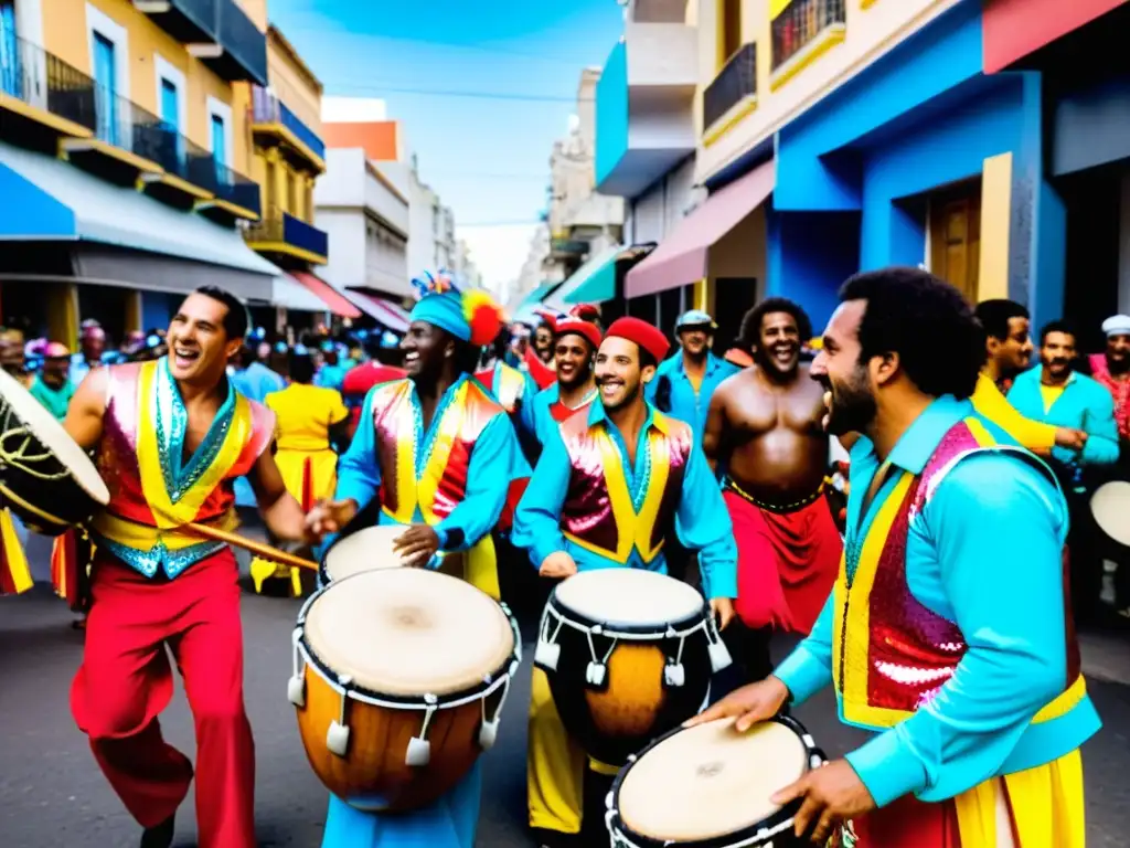 Candomberos en trajes coloridos difunden la pasión del Carnaval, ilustrando las costumbres y folklore de Uruguay