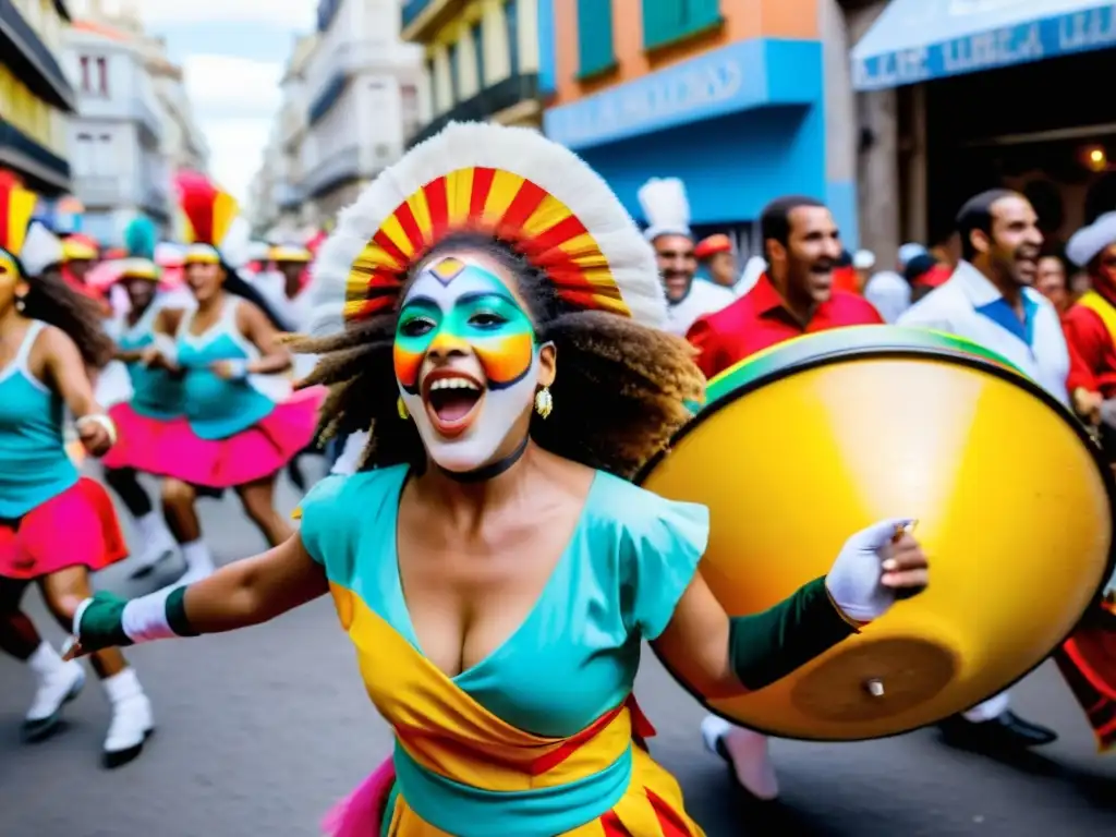 Candomberos en vivos colores danzan al ritmo del Candombe en 'Las Llamadas', costumbres y folklore de Uruguay